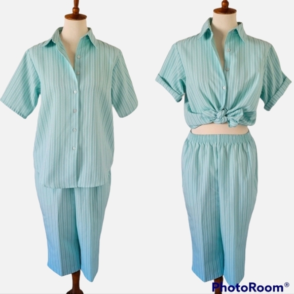 Vintage 1970's Blue and Green Striped Petal Pusher‎ Set - Picture 1 of 9